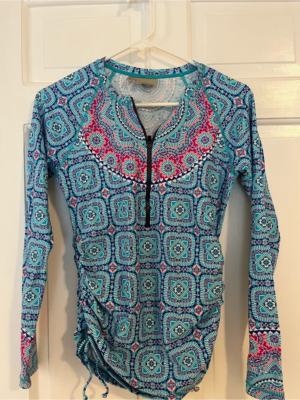 Athleta Turquoise and Pink Geo-Print Long Sleeve Zip Rashguard